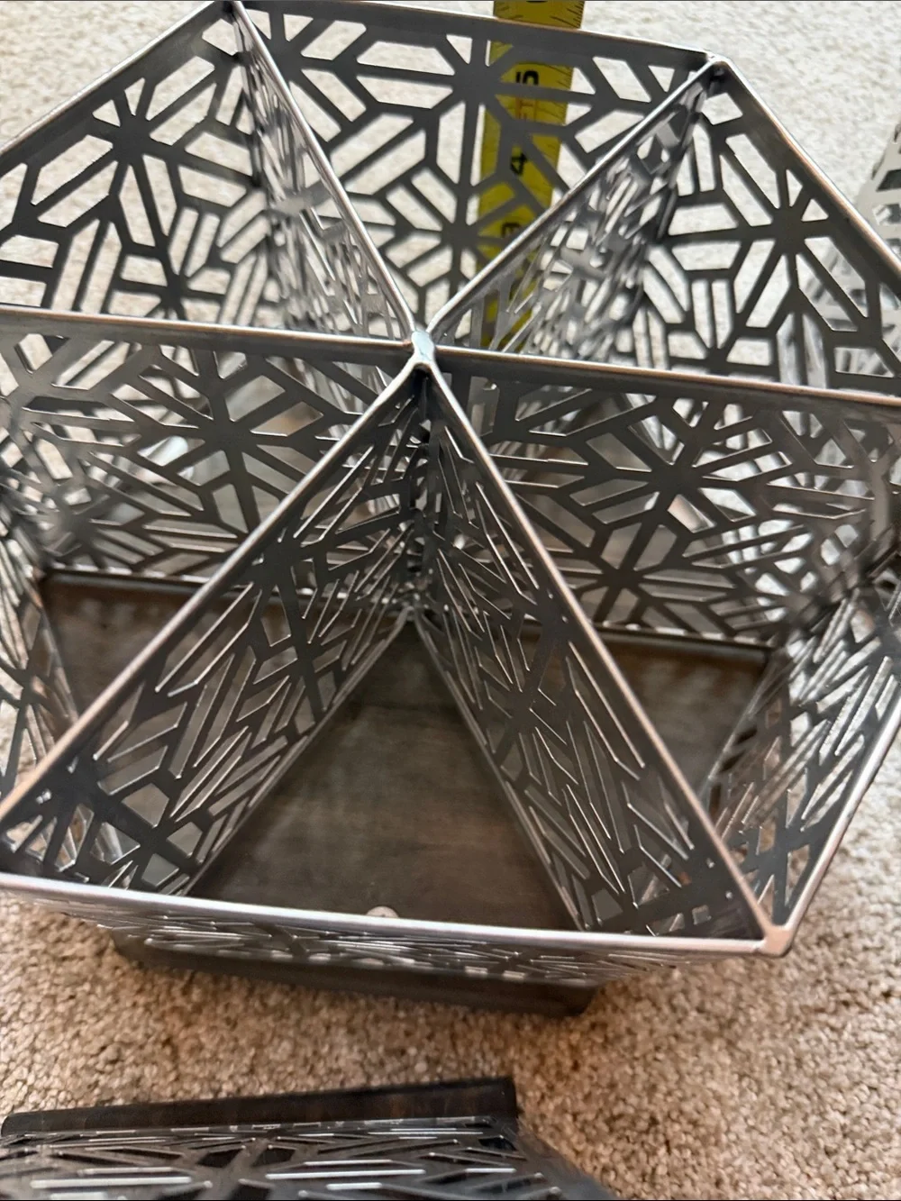 Decorative Hexagonal Metal Organizer Set in Silver. Set of 4. Wood bottoms.